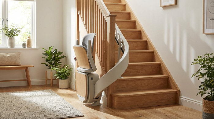 Ein elegant geschwungener, moderner Treppenlift ist an einer gepflegten Holztreppe in einem hellen, einladenden Flur installiert. Der Sitz ist hochgeklappt und fügt sich harmonisch in die wohnliche Umgebung ein.