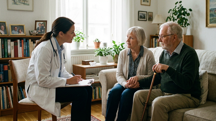 Ein einfühlsamer medizinischer Gutachter mit einem Klemmbrett sitzt im Wohnzimmer eines älteren Ehepaares und bespricht ruhig die aktuelle Lebenssituation. Gemütliche, aufgeräumte Umgebung, weiches Tageslicht, realistische Szene ohne Text.