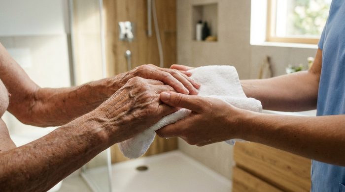 Eine detaillierte Nahaufnahme: Die Hände einer älteren Person und einer Pflegekraft halten gemeinsam ein sauberes, weißes Handtuch bei der täglichen Morgenroutine im hellen, modernen Badezimmer.