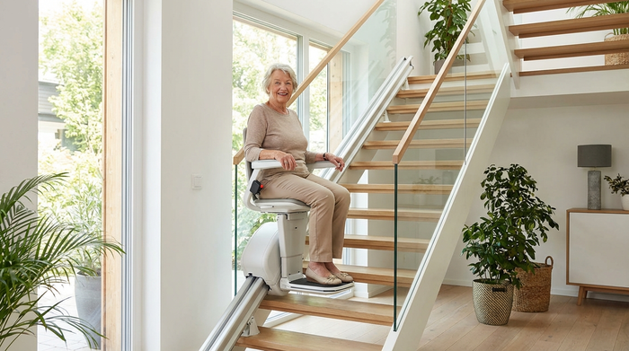 Ein moderner, sicherer Treppenlift in einem gepflegten Einfamilienhaus. Eine ältere Frau fährt entspannt und lächelnd die Treppe hinauf. Helle, freundliche Atmosphäre, keine störenden Elemente oder Text.
