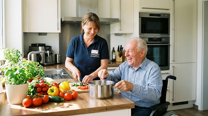 Eine engagierte 24-Stunden-Betreuungskraft kocht gemeinsam mit einem lachenden Senior in einer gut ausgestatteten, sauberen Küche. Frisches Gemüse liegt auf der Arbeitsplatte. Herzliche und vertraute Stimmung.