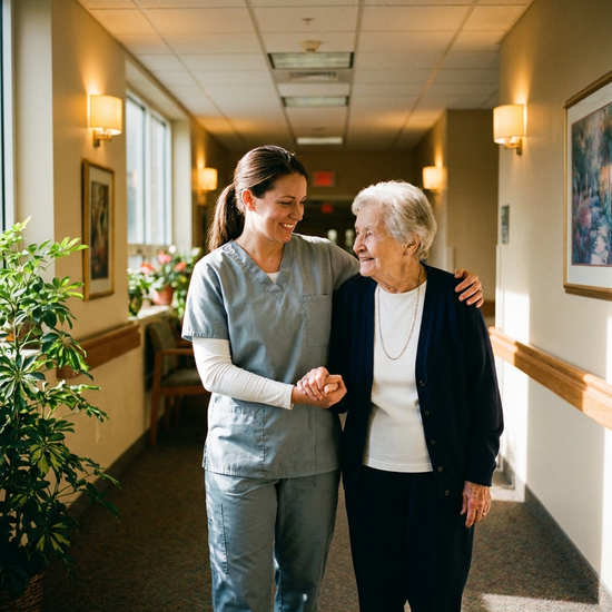 Eine Pflegekraft stützt eine ältere Frau liebevoll beim gemeinsamen Gehen durch einen beleuchteten Flur. Beide lächeln sich an.