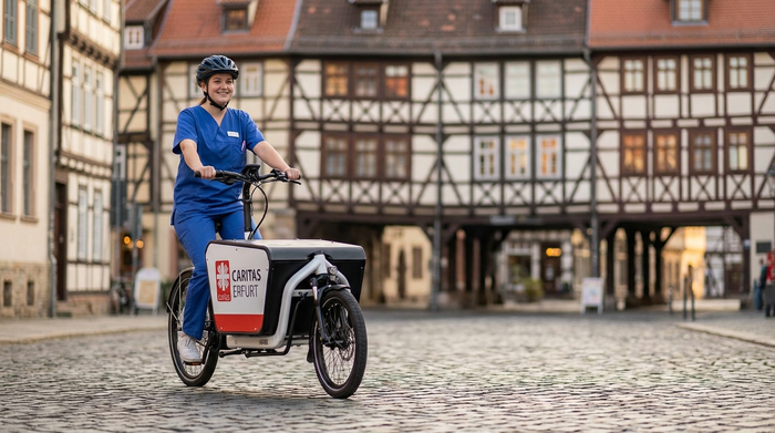 Eine junge Pflegekraft fährt mit einem modernen E-Bike durch eine historische Kopfsteinpflastergasse in der Erfurter Altstadt. Im Hintergrund verschwommene Fachwerkhäuser.
