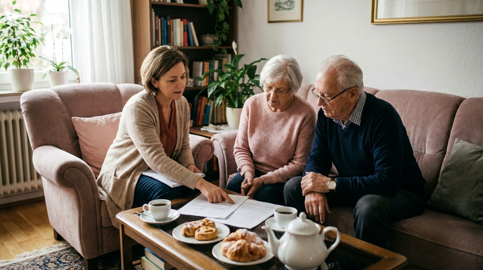 Eine sympathische Pflegedienstleitung sitzt mit einem älteren Ehepaar auf dem Sofa und bespricht konzentriert Unterlagen. Entspannte, beratende Stimmung, Kaffeetassen auf dem Tisch.
