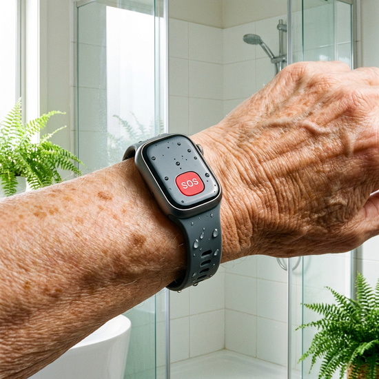 Nahaufnahme des Handgelenks einer älteren Person, die ein modernes, wasserfestes Hausnotruf-Armband trägt. Der Hintergrund ist leicht unscharf und zeigt ein helles Badezimmer.