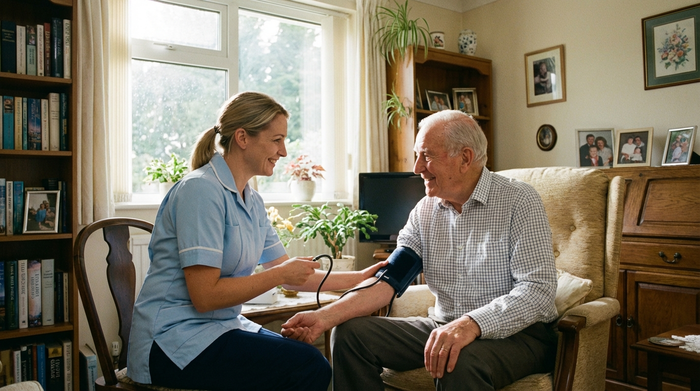 Eine professionelle Pflegekraft in sauberer, hellblauer Dienstkleidung misst den Blutdruck eines älteren Herrn in seinem aufgeräumten, freundlichen Zuhause. Helles Tageslicht fällt durch das Fenster, eine entspannte und vertrauensvolle Atmosphäre, realistisch, ohne Text.