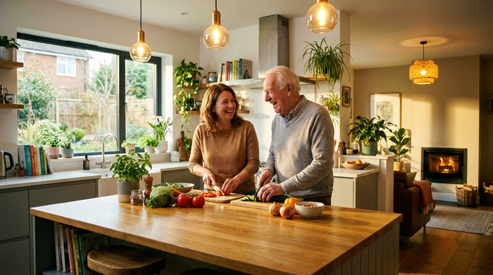 Eine liebevolle Betreuungskraft und ein älterer Mann kochen gemeinsam in einer modernen, hellen Küche. Sie schneiden frisches Gemüse und lachen zusammen. Warme Beleuchtung, gemütliche und familiäre Stimmung, fotorealistisch.