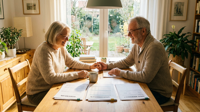 Ein älteres Ehepaar sitzt am Esstisch und schaut entspannt auf ein paar übersichtliche Dokumente. Eine Tasse Kaffee steht daneben. Die Szene strahlt Erleichterung und finanzielle Sicherheit aus, helles und freundliches Ambiente.