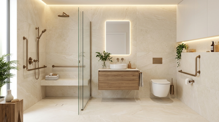 Ein modernes, hell gefliestes, barrierefreies Badezimmer mit einer bodengleichen Dusche und eleganten Haltegriffen. Sauber, sicher und stilvoll eingerichtet, ohne medizinisch oder steril zu wirken. Realistische Innenarchitektur.