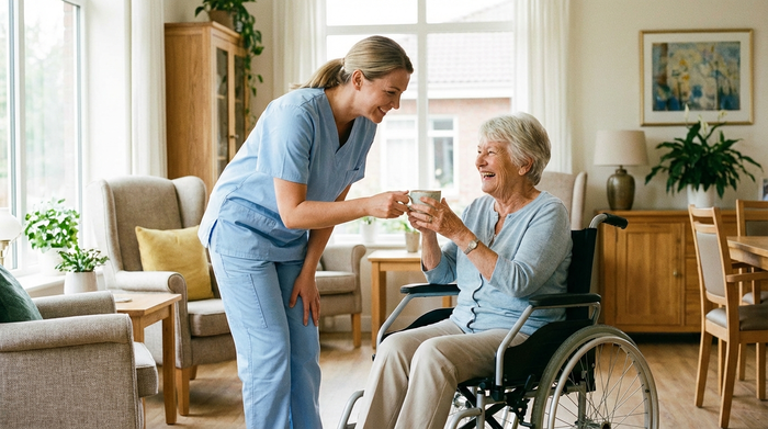 Eine freundliche Pflegekraft in hellblauer Berufskleidung reicht einer lächelnden Seniorin im Rollstuhl eine Tasse Tee in einem hellen, gemütlichen und modernen Aufenthaltsraum.