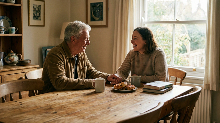 Ein älterer Herr sitzt mit seiner erwachsenen Tochter am Esstisch bei einer Tasse Kaffee und sie unterhalten sich entspannt. Helles Tageslicht fällt durch das Fenster auf die saubere Holzoberfläche.