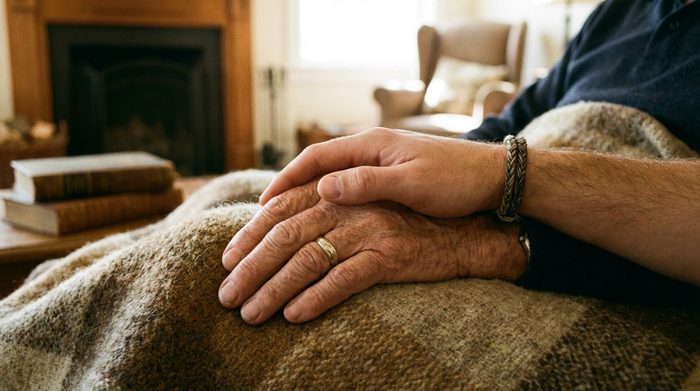 Zwei Hände, eine jünger und eine älter, halten sich schützend übereinander auf einer weichen Wolldecke, was tiefe Geborgenheit und starken familiären Zusammenhalt ausstrahlt.