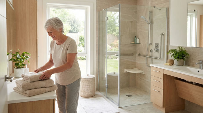 Eine rüstige Seniorin richtet glücklich ihre flauschigen Handtücher in einem modernen, barrierefreien und lichtdurchfluteten Badezimmer mit einer sicheren, ebenerdigen Dusche.