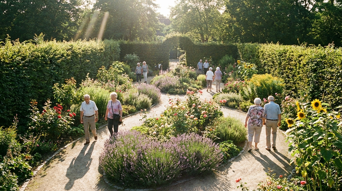 Ein heller, sicherer und idyllischer Demenzgarten an einem sonnigen Nachmittag. Ältere Menschen spazieren entspannt auf geschwungenen, barrierefreien Rundwegen zwischen blühenden Blumenbeeten. Hohe, unauffällige Hecken bieten natürlichen Schutz. Realistische, friedliche Szene, keine Schilder oder Texte.