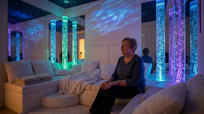 Ein gemütlicher, leicht abgedunkelter Snoezelen-Raum mit weichen, weißen Sitzlandschaften. Sanft leuchtende, farbige Wassersäulen und beruhigende Lichteffekte an der Decke schaffen eine entspannte, magische Atmosphäre. Eine ältere Person sitzt ruhig auf den Kissen und schaut fasziniert auf das sanfte Licht.