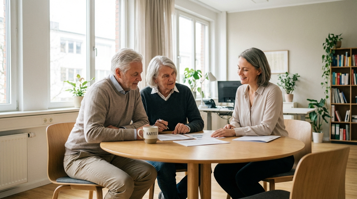Ein älteres Paar sitzt gemeinsam mit einer freundlichen Beraterin an einem runden Holztisch in einem hellen, modernen Büro. Sie betrachten konzentriert einige Dokumente. Eine Tasse Kaffee steht auf dem Tisch. Vertrauensvolle, seriöse und beruhigende Atmosphäre, weiches Licht.