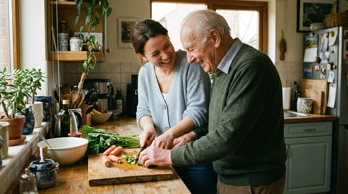 Eine liebevolle Betreuungskraft kocht gemeinsam mit einem älteren Herrn in einer gemütlichen, privaten Küche. Beide lachen herzlich und schneiden frisches Gemüse auf einem Holzbrett. Die Szene wirkt häuslich, warm und sehr vertraut. Realistischer Stil, hohe Qualität.