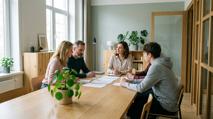 Ein freundlicher Sozialarbeiter in einem modernen Büro bespricht mit einer besorgten Familie Dokumente. Der Raum ist hell und aufgeräumt, grüne Pflanzen stehen auf dem Tisch. Eine beruhigende, professionelle Atmosphäre ohne sichtbaren Text auf den Papieren.