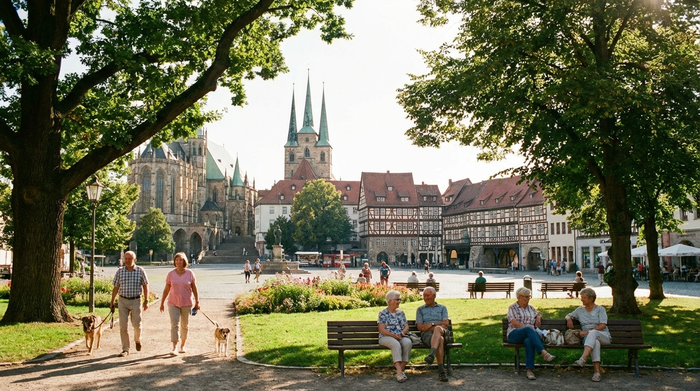 Das historische Stadtbild von Erfurt an einem sonnigen Tag. Im Vordergrund spazieren Senioren entspannt durch einen gepflegten Park mit alten Bäumen. Lebendige, einladende Stimmung und klare, realistische Details.