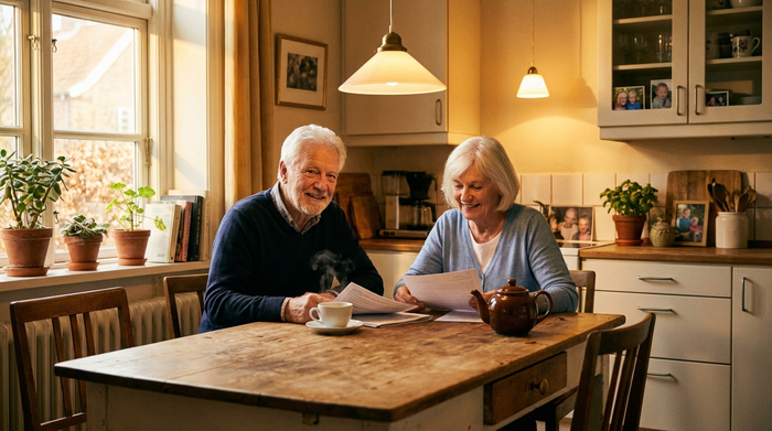 Ein älteres Ehepaar sitzt gemeinsam am Küchentisch und schaut entspannt auf Papiere. Eine Tasse Kaffee steht daneben. Warme, heimelige Beleuchtung, die Zuversicht und Ruhe ausstrahlt.