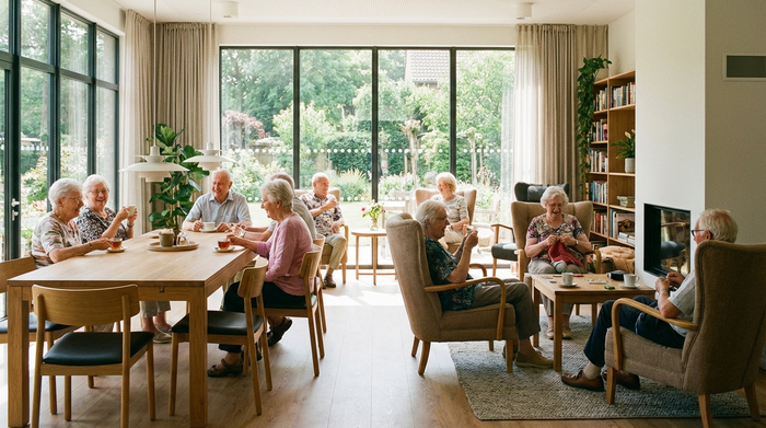 Ein heller, gemütlicher Gemeinschaftsraum in einer modernen Seniorenresidenz. Ältere Menschen sitzen fröhlich beisammen, trinken Tee und unterhalten sich. Große Fenster lassen viel Tageslicht herein, die Einrichtung ist stilvoll und komfortabel.