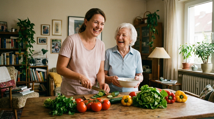 Eine herzliche Pflegekraft lacht gemeinsam mit einer Seniorin im heimischen Wohnzimmer beim Zubereiten eines Salats. Frisches Gemüse liegt auf der Arbeitsfläche. Authentische, vertrauensvolle Situation in einem gemütlichen Zuhause.