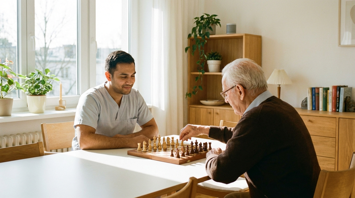Ein geduldiger Pfleger spielt mit einem älteren Herrn ein Brettspiel an einem sonnigen Tisch. Ruhige, konzentrierte und harmonische Stimmung, sauberes und helles Umfeld.