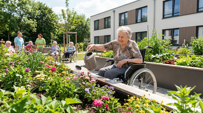 Eine ältere Dame gießt mit einem Lächeln Blumen in einem rollstuhlgerechten Hochbeet im Garten einer Pflegeeinrichtung. Schönes Wetter, grüne Pflanzen, entspannte Umgebung.