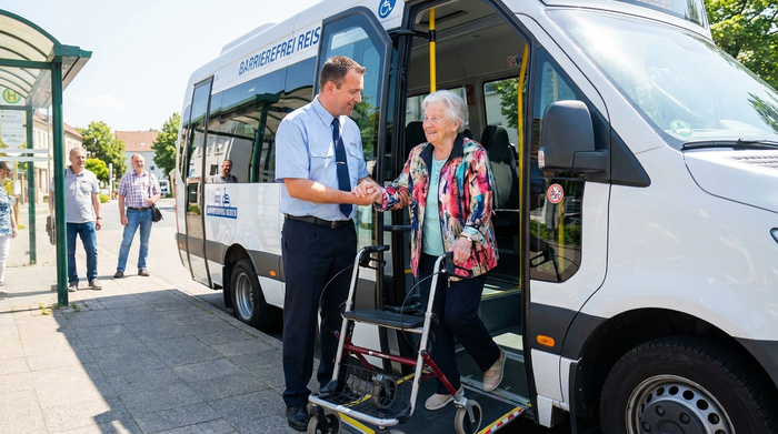 Ein freundlicher Fahrer hilft einer lächelnden Seniorin mit Rollator behutsam beim Einstieg in einen modernen, weißen Kleinbus. Strahlender Sonnenschein, sichere und professionelle Betreuungssituation.