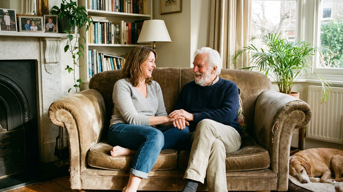 Eine Tochter und ihr älterer Vater sitzen entspannt auf einem Sofa und unterhalten sich lächelnd. Wohnliche Atmosphäre, vertrauensvolles Gespräch zwischen den Generationen.