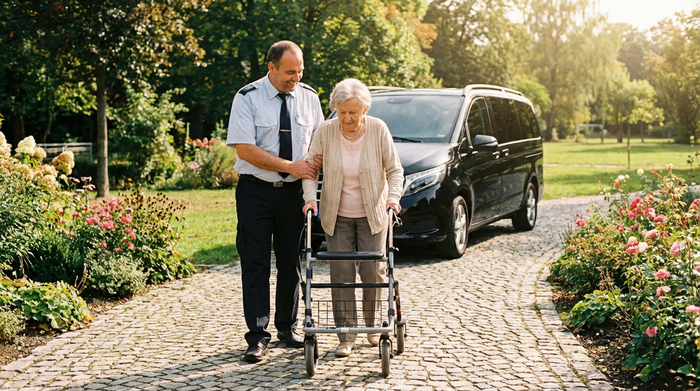 Ein geduldiger Fahrer stützt eine ältere Dame behutsam am Arm, während sie gemeinsam mit einem Rollator einen gepflasterten Weg zum wartenden Fahrzeug gehen. Helle, freundliche Atmosphäre, keine Schriftzüge im Bild.