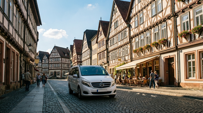 Ein moderner, weißer Kleinbus für den Personentransport fährt durch eine malerische Straße mit historischen Altbauten und Fachwerkhäusern. Sonniges Tageslicht, klare Umgebung, fotorealistisch und ohne Text.