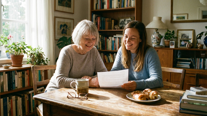 Eine ältere Frau und ihre Tochter sitzen entspannt an einem Holztisch im Wohnzimmer und betrachten lächelnd ein Dokument. Eine Kaffeetasse steht auf dem Tisch, gemütliche und sorgenfreie Stimmung.