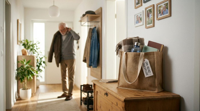 Eine gepackte Tasche für die Tagespflege steht bereit auf einer Kommode im Flur. Im Hintergrund zieht sich ein Senior im unscharfen Bereich eine Jacke an. Helles, aufgeräumtes Zuhause, einladende Atmosphäre.