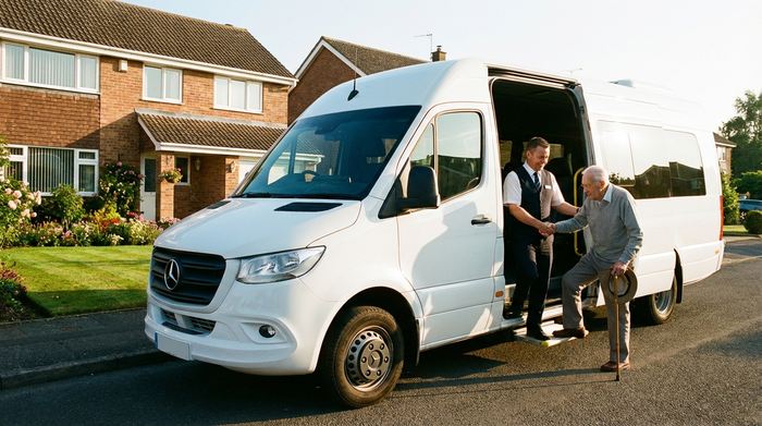 Ein moderner, weißer Kleinbus mit geöffneter Schiebetür steht vor einem gepflegten Einfamilienhaus. Ein freundlicher Fahrer hilft einem älteren Herrn mit Gehstock behutsam beim Einsteigen. Sonniges Morgenlicht, realistische Szene, klare Farben.