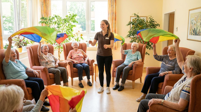 Eine Gruppe von Senioren sitzt im Kreis in bequemen Sesseln und macht leichte Gymnastikübungen mit bunten Schwungtüchern. Eine junge, lächelnde Pflegekraft leitet die Gruppe an. Helles Licht, fröhliche Stimmung, realistische Darstellung.