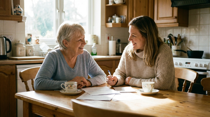 Eine ältere Dame und ihre erwachsene Tochter sitzen gemeinsam am Küchentisch und schauen entspannt auf einige Dokumente. Die Tochter hält einen Stift. Sie lächeln sich an. Vertrauensvolle, ruhige Atmosphäre, realistische Fotografie.