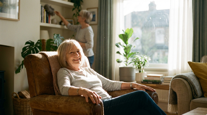 Eine ältere Frau entspannt sich lächelnd in einem bequemen Sessel in einem sonnendurchfluteten, sauberen Wohnzimmer, während im Hintergrund eine verschwommene Person beim Staubwischen zu erkennen ist. Realistische, gemütliche Szene ohne Text.