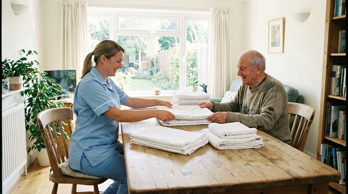 Eine professionelle Pflegekraft in heller Kleidung faltet gemeinsam mit einem älteren Herrn frische, weiße Wäsche an einem großen Holztisch. Helles Tageslicht, aufgeräumte und freundliche Umgebung.