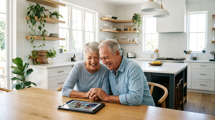 Ein älteres Ehepaar sitzt gemeinsam am Küchentisch und schaut zufrieden auf ein Tablet. Helle, moderne Küche im Hintergrund, entspannte und positive Stimmung, fotorealistisch.