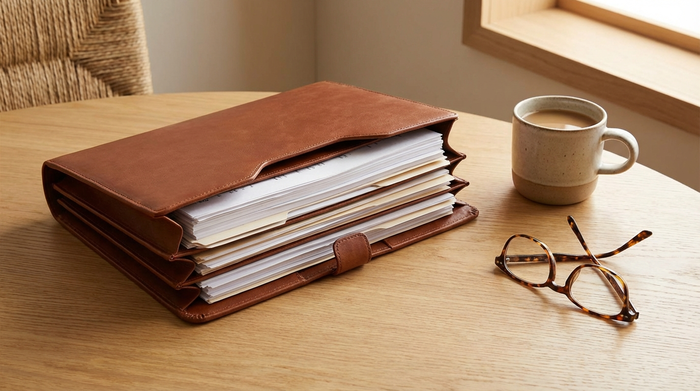 Eine ordentlich sortierte braune Mappe mit Dokumenten liegt auf einem hellen Holztisch neben einer Tasse Kaffee und einer Lesebrille. Sauberer, strukturierter Schreibtisch, warmes Licht, keine lesbaren Texte.