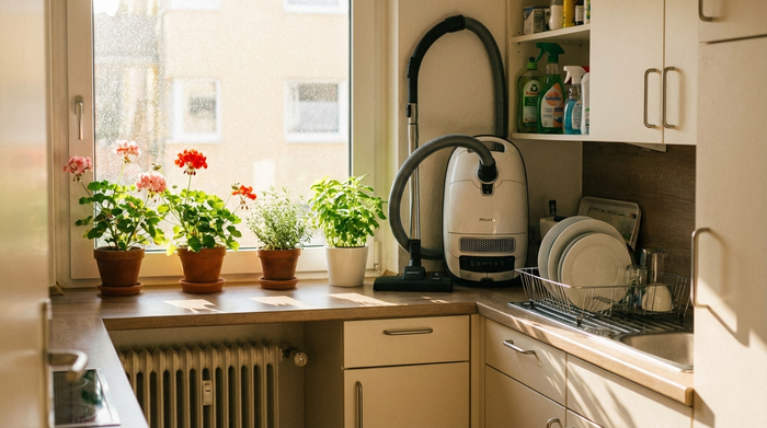 Eine ordentliche, saubere Küche in einer Seniorenwohnung. Sonnenlicht scheint durch das frisch geputzte Fenster. Im Hintergrund stehen ein Staubsauger und Reinigungsmittel ordentlich aufgereiht. Realistisch, sauber, aufgeräumt.