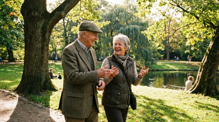Ein älterer Herr und eine engagierte Alltagsbegleiterin spazieren an einem sonnigen Tag durch einen Park. Beide lachen und unterhalten sich angeregt. Realistische Szene, grüne Umgebung, entspannte Stimmung.