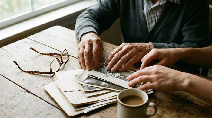 Nahaufnahme von Händen einer älteren Person, die gemeinsam mit einer jüngeren Helferin Dokumente sortiert. Eine Brille und eine Kaffeetasse stehen auf dem Holztisch. Klarer Fokus, realistische Lichtverhältnisse.