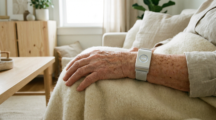 Ein moderner Hausnotruf-Sender als Armband am Handgelenk einer älteren Person. Die Hand ruht entspannt auf einer weichen Decke. Helle, beruhigende Farben, realistisches Setting.