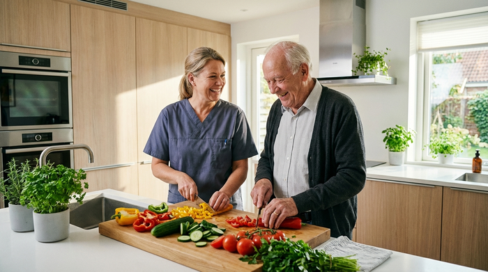 Eine freundliche Pflegerin hilft einem älteren Herrn beim Zubereiten eines gesunden Frühstücks in einer modernen, sauberen Küche. Beide lachen herzlich und schneiden frisches Gemüse auf einem Holzbrett.