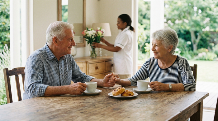 Ein älteres Ehepaar sitzt entspannt an einem Holztisch bei einer Tasse Kaffee. Im Hintergrund ist unscharf eine Betreuungskraft zu sehen, die frische Blumen in eine Vase stellt.