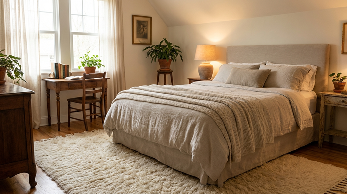 Ein helles, gemütlich eingerichtetes Gästezimmer mit einem komfortablen Bett, einem kleinen Schreibtisch am Fenster, einer warmen Nachttischlampe und einem flauschigen Teppich.