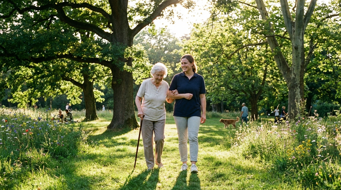 Eine Pflegerin und eine Seniorin spazieren an einem sonnigen Nachmittag entspannt durch einen grünen Park mit großen Bäumen. Die Seniorin stützt sich leicht und vertrauensvoll auf den Arm der Pflegerin.