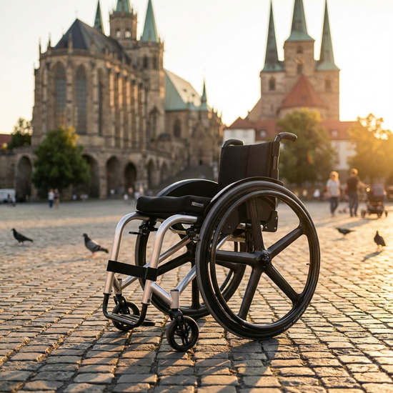 Ein moderner, leichter Aluminium-Rollstuhl steht auf dem gepflasterten Domplatz in Erfurt. Im Hintergrund ist unscharf der Erfurter Dom im sanften Sonnenlicht zu erkennen. Die Szene wirkt friedlich und einladend.